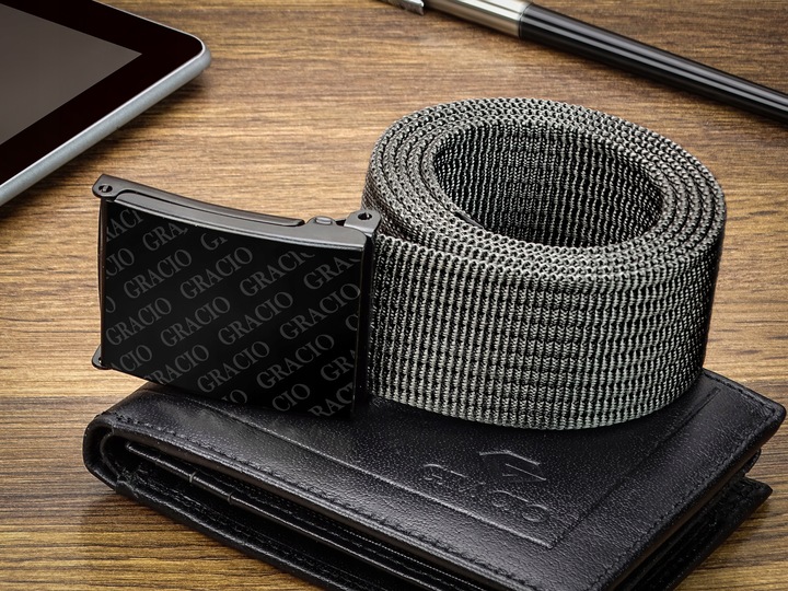 GRACIO Pasek Parciany Męski do Spodni Szary Klamra Zacisk 115cm