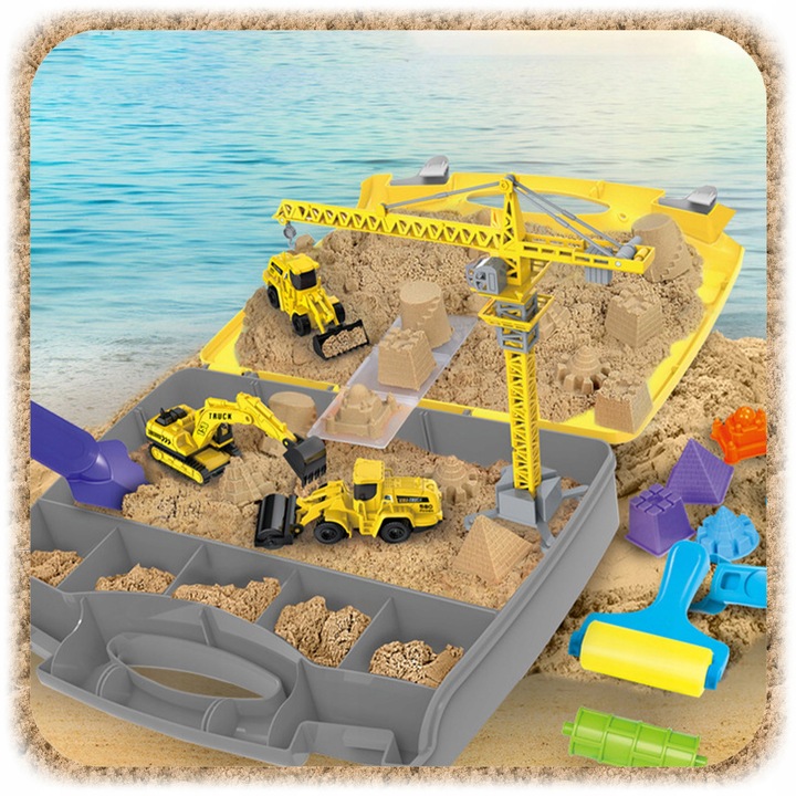 ZESTAW KONSTRUKCYJNY PIASEK KINETYCZNY DŹWIG POJAZDY BUDOWLANE DLA DZIECI