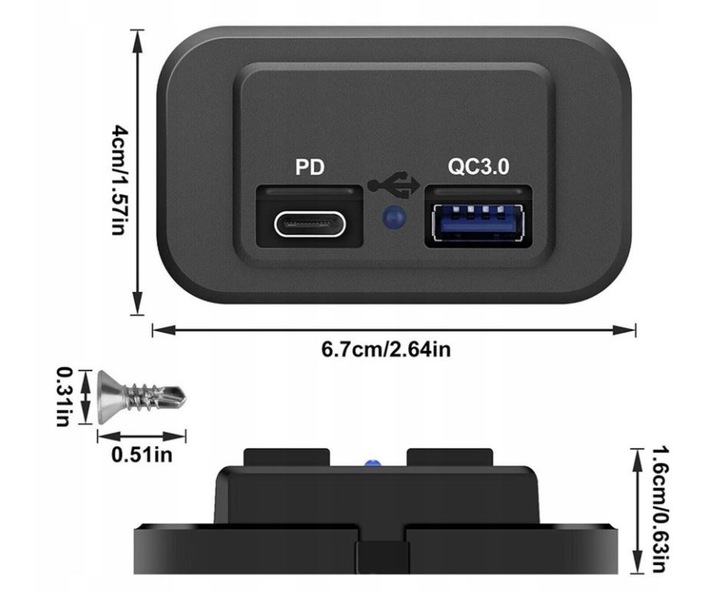 Ładowarka samochodowa , USB C - PD , USB A - QC - 2 x 3A, 12V / 24V - ODYS