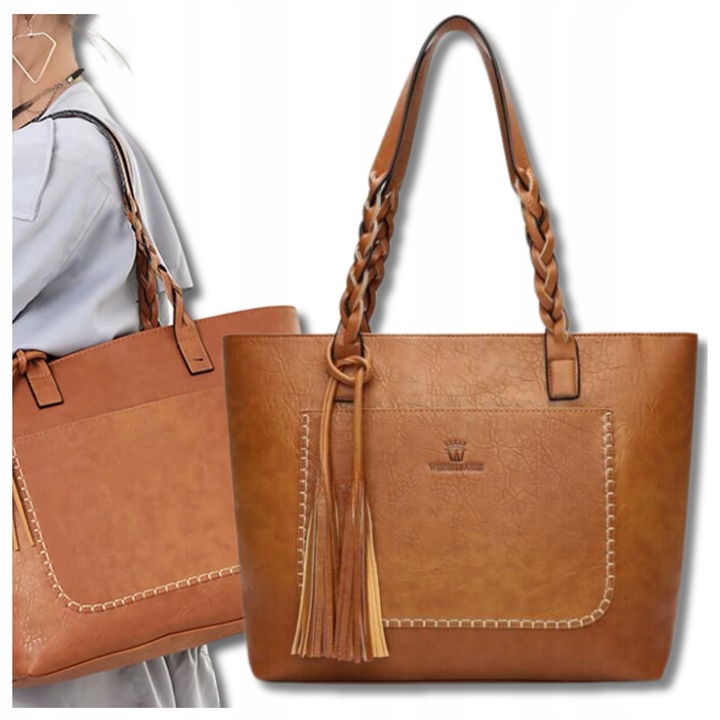 Damska Torebka A4 SHOPPER duża pojemna klasyczna skórzana brązowa eko skóra