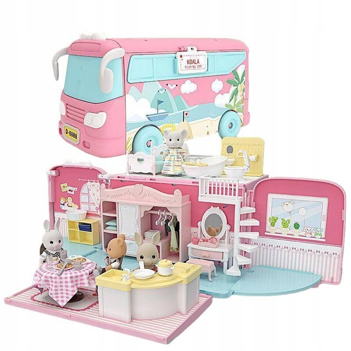 DUŻE AUTO dla LALEK AUTOBUS KAMPER WAKACYJNY rozkładany otwierany DOMEK