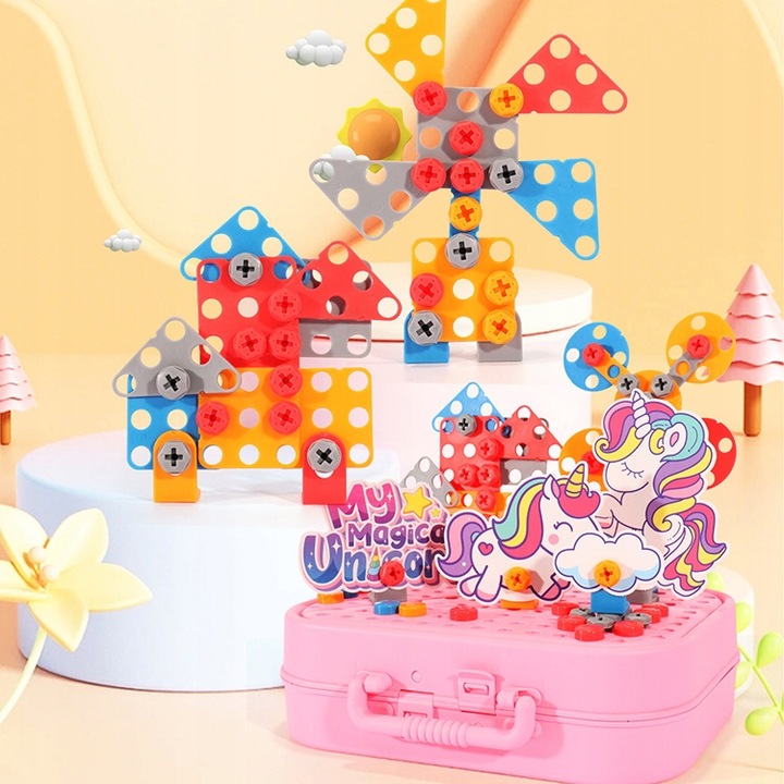 KLOCKI 3D JEDNOROŻEC Konstrukcyjne wkrętarka walizka układanka + BATERIE