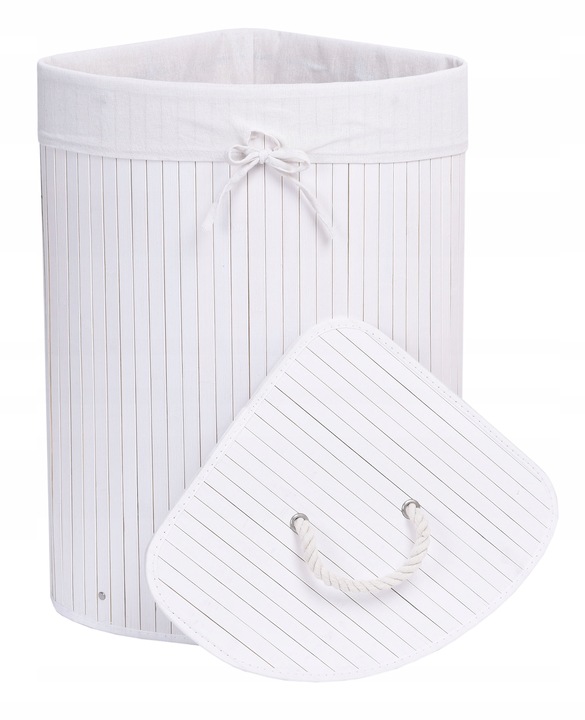 KOSZ POJEMNIK NA PRANIE BIELIZNĘ BAMBUSOWY NAROŻNY BIAŁY ŁAZIENKOWY 60L