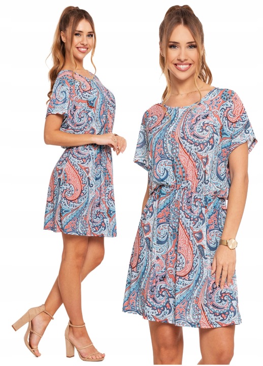 Krótka Sukienka Damska Rozkloszowana Zwiewna Kolorowa Wzorzysta MORAJ S/M