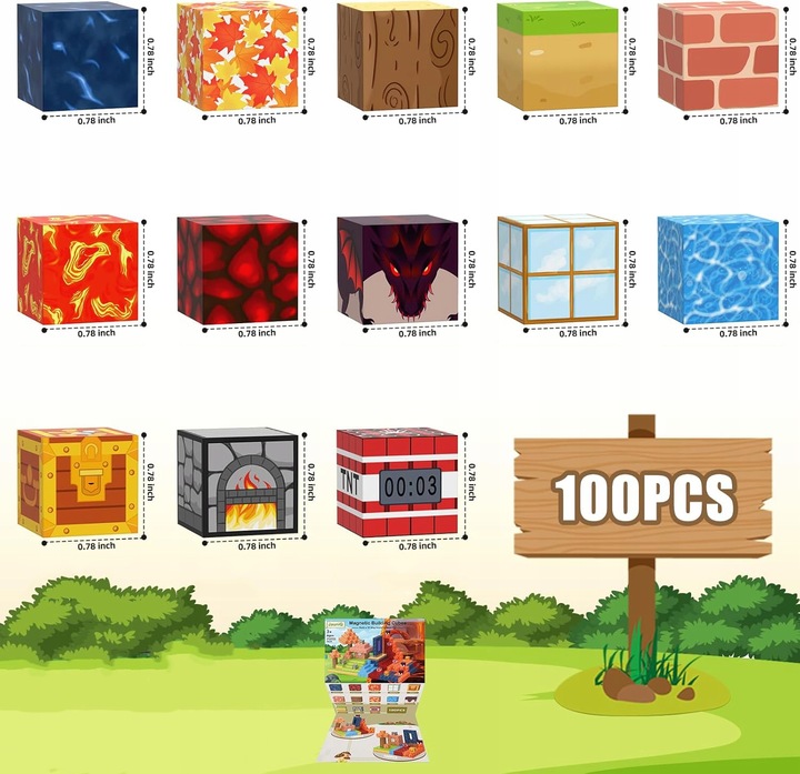 KLOCKI MAGNETYCZNE MINECRAFT BLOKI KLOCKI PIXELE SZEŚCIANY 100 KLOCKÓW
