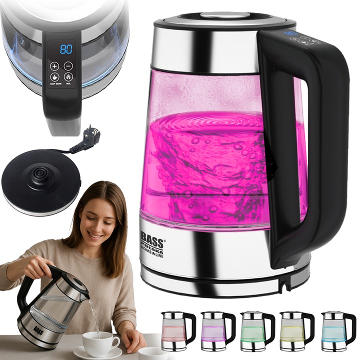 CZAJNIK ELEKTRYCZNY SZKLANY 1,7L 2200W REGULACJA TEMPERATURY LED LCD