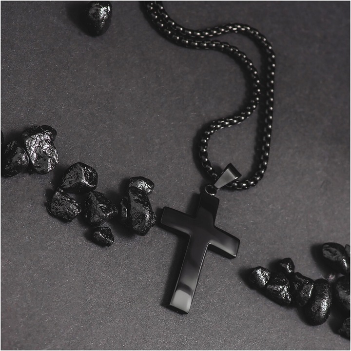 Naszyjnik z krzyżem męski stal chirurgiczna czarny splot grawer BLINGART
