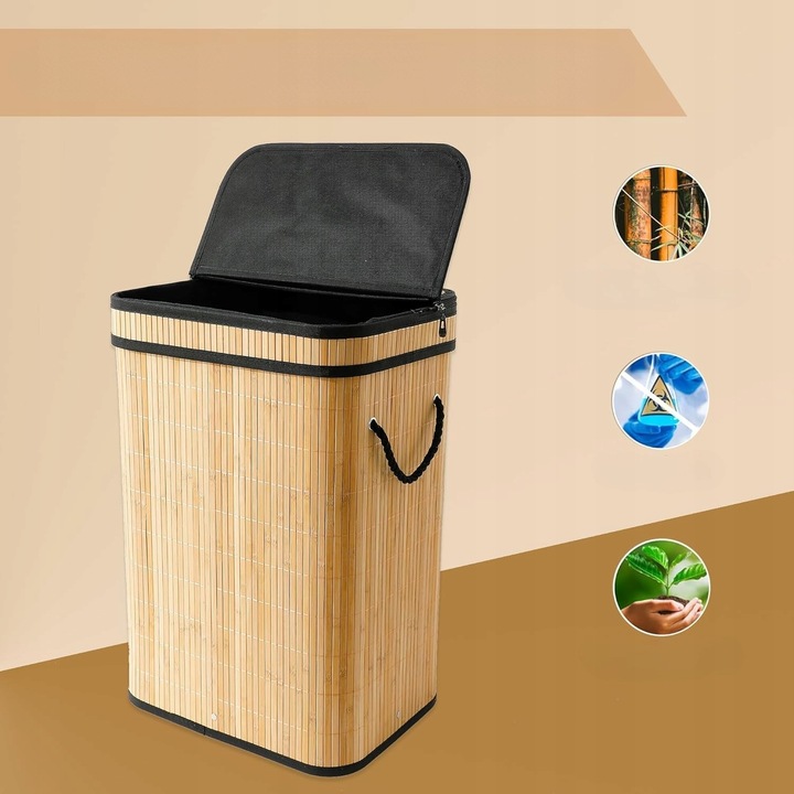 KOSZ NA PRANIE BIELIZNĘ UBRANIA POJEMNIK BAMBUSOWY Z POKRYWĄ DUŻY 72L KUFER