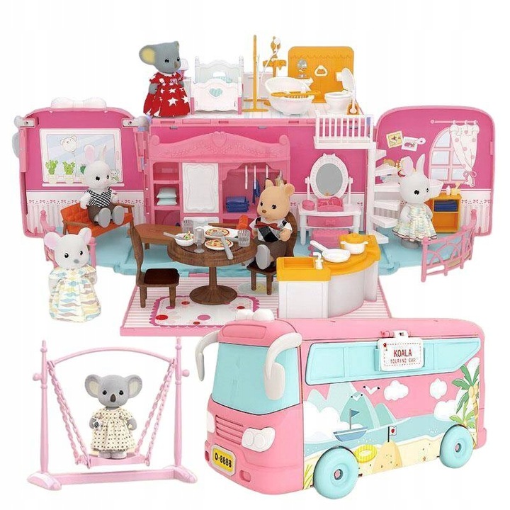 DUŻE AUTO dla LALEK AUTOBUS KAMPER WAKACYJNY rozkładany otwierany DOMEK