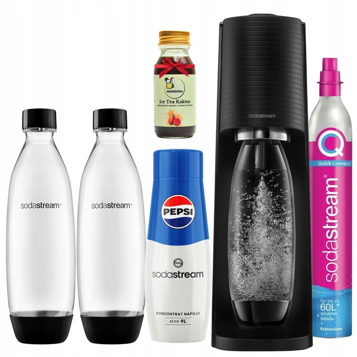 SodaStream Terra Czarny Saturator do gazowania wody, PEPSI + ICE TEA KAKTUS