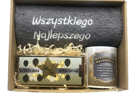 PREZENT NA URODZINY 18-70 Zestaw Kosz Prezentowy Ręcznik Kubek Czekolada