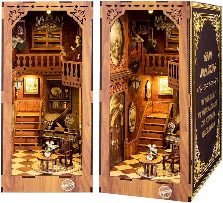 PUZZLE 3D PODPÓRKA DO KSIĄŻEK LED DIY MINIATUROWY DOMEK DREWNIANY BV02-003