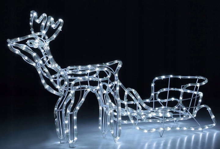 Renifer Świąteczny z Saniami Figurka Świecący LED BIAŁY Zewnętrzny Duży