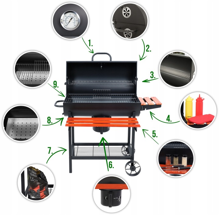 GRILL OGRODOWY WĘGLOWY Z POKRYWĄ DUŻY RUSZT 71x34,5cm POPIELNIK 3 PÓŁKI