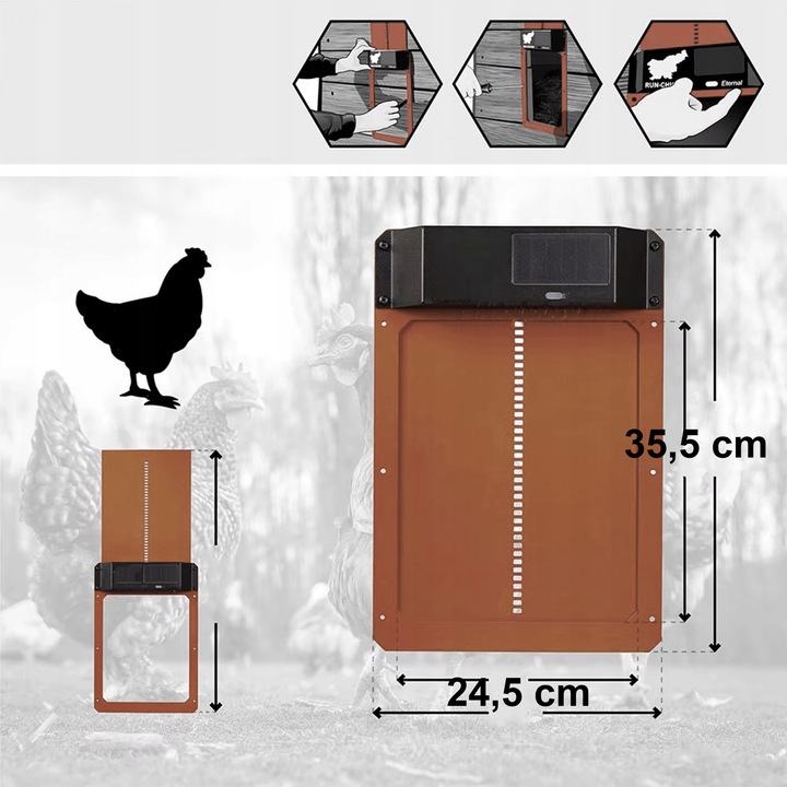 AUTOMATYCZNE DRZWI DO KURNIKA OTWIERANIE DRZWI IP45 Z CZUJNIKIEM ŚWIATŁA