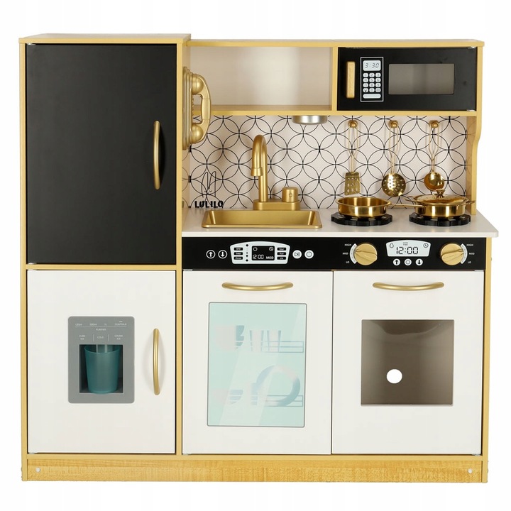 KUCHNIA DLA DZIECI DREWNIANA ZŁOTA LED DUŻA XXL Z LODÓWKA TABLICA KREDOWA