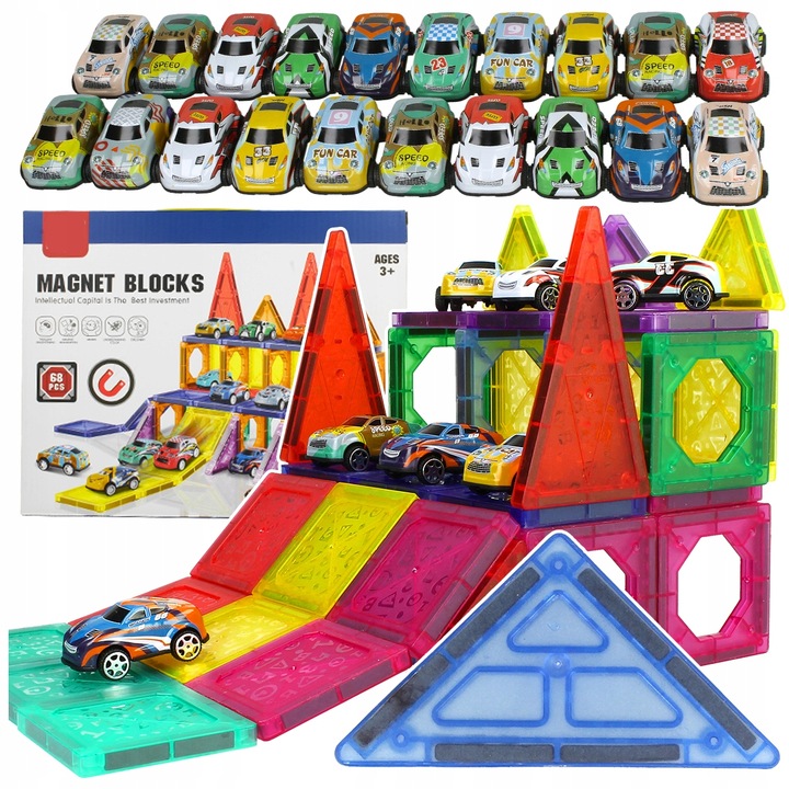 KONSTRUKCYJNE KLOCKI MAGNETYCZNE 3D TOR SAMOCHODOWY 20 autek ZESTAW 68el