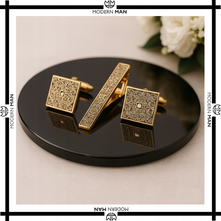 ZESTAW SPINKI DO MANKIETÓW I KRAWATU ZŁOTE NOWOCZESNE PREZENT DLA NIEGO