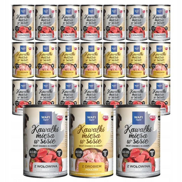 WAFI KARMA MOKRA DLA PSA KAWAŁKI W SOSIE 24x415G 75% MIĘSA W KAWAŁKU PUSZKA