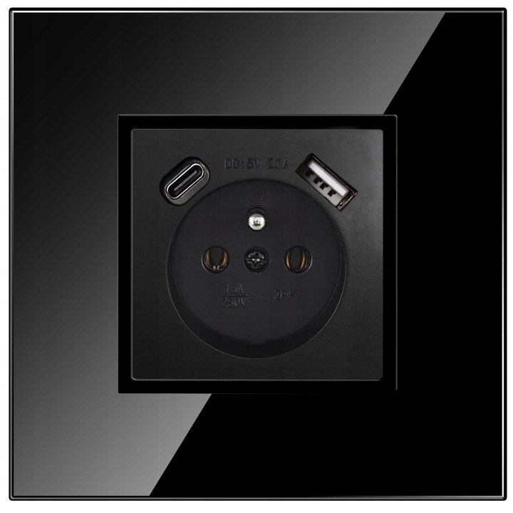 GNIAZDO GNIAZDKO SZKLANE POJEDYNCZE CZARNE BOLCEM PODTYNKOWE USB C PREMIUM
