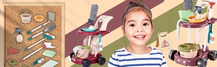 Duży DZIECIĘCY ZESTAW DO SPRZĄTANIA Wózek Mop Miotła Dla dzieci