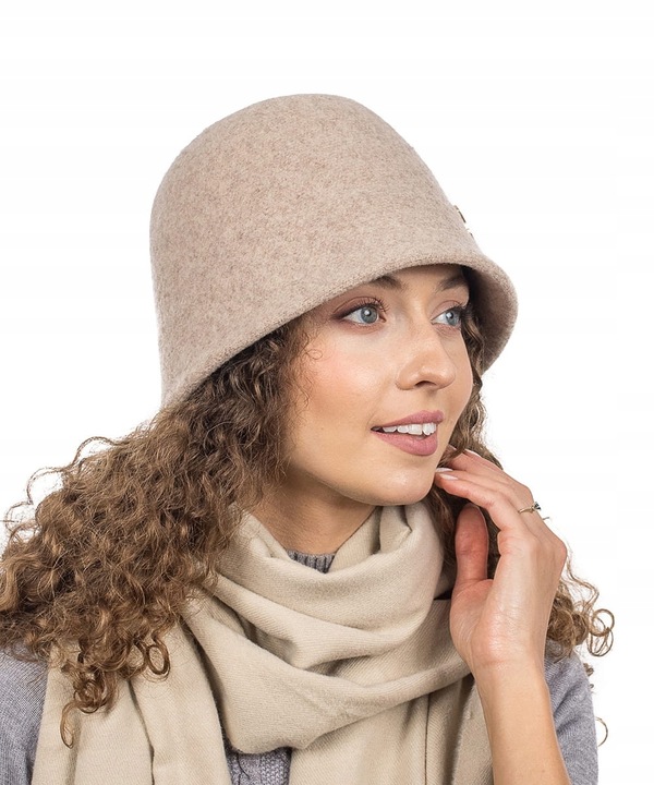 Jasnobeżowy Kapelusz Bucket Czapka Damski Wełniany Elegancki Gładki