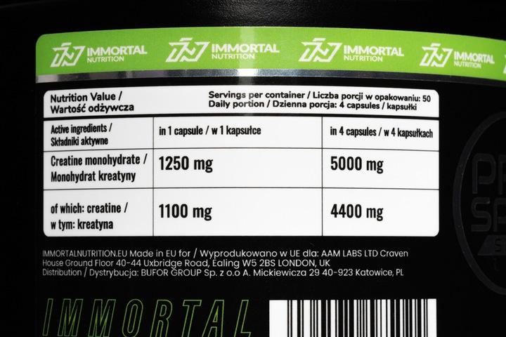 Immortal Creatine Monohydrate 1250mg 200kaps KREATYNA MONOHYDRAT MEGA CAPS