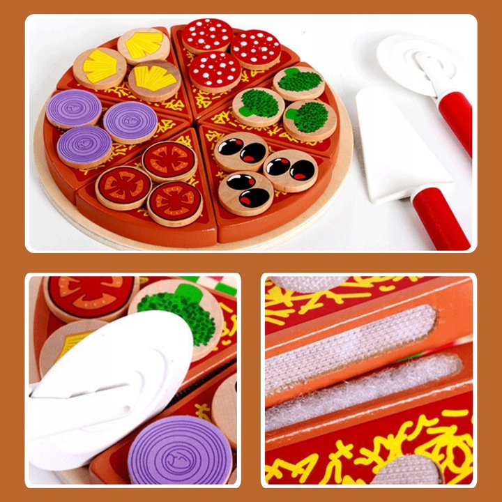 DREWNIANA PIZZA DO KROJENIA UKŁADANKA NA RZEP RZEPY AKCESORIA NÓŻ