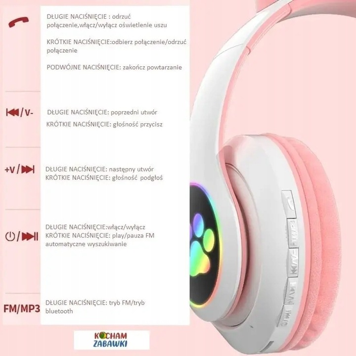 Słuchawki Kotki dla dzieci Bluetooth LED RGB Różowe Kocie Uszy