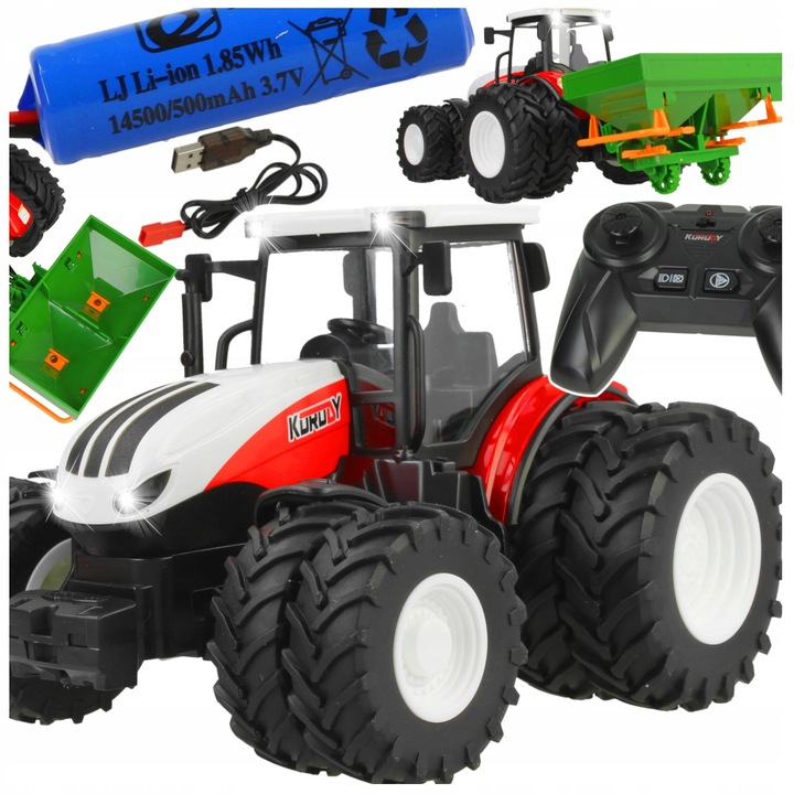 TRAKTOR ZDALNIE STEROWANY RC CIĄGNIK Z ROZSIEWACZEM NAWOZÓW PILOT ŚWIATŁA
