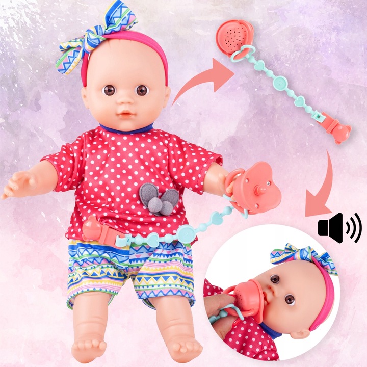 LALKA MIĘKKA INERAKTYWNA BOBAS NIEMOWLAK ZE SMOCZKIEM WYDAJE DŹWIĘKI 31 CM