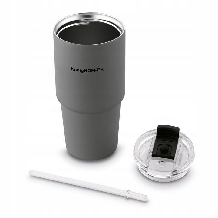 KUBEK TERMICZNY ze słomką poręczny PRÓŻNIOWY SZARY Konighoffer Davos 420 ml