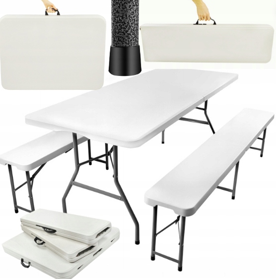 STÓŁ ROZKŁADANY + 2 ŁAWKI ZESTAW CATERINGOWY 180 cm SKŁADANY W WALIZKĘ XXL