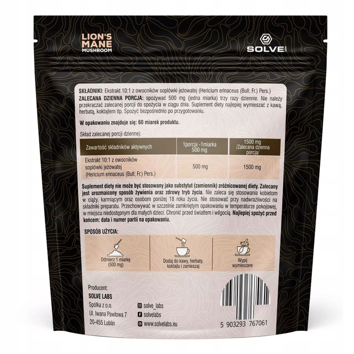 LION'S MANE Soplówka Jeżowata 10:1 30g SOLVE LABS Pamięć Koncentracja