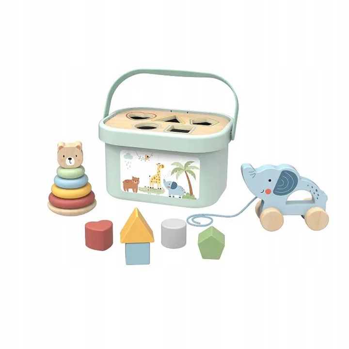 SORTER KLOCKÓW ZESTAW SENSORYCZNY DLA NIEMOWLĄT PIRAMIDKA BOX 3w1 WOOPIE
