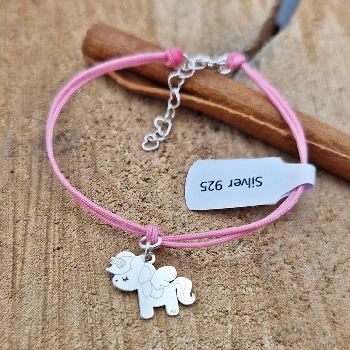 BRANSOLETKA SREBRNA DZIECIĘCA JEDNOROŻEC KONIK SZNUREK SREBRO 925