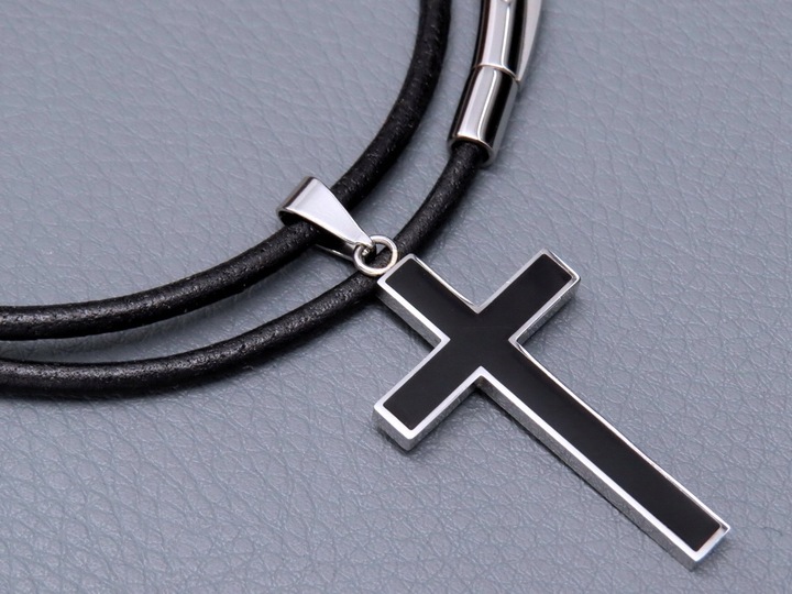 GRUBY RZEMIEŃ RZEMYK NA SZYJĘ Z KRZYŻYKIEM ZESTAW STAL CHIRURGICZNA + SKÓRA