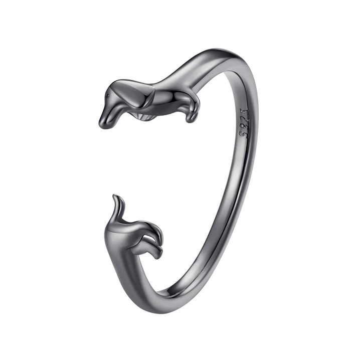 Pierścionek Srebrny 925 Regulowany Pies Jamnik Czarne Złoto Srebro 925