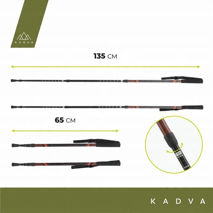 Kije turystyczne KADVA Tengri czerwony 65-135 cm SYSTEM TWIST LOCK