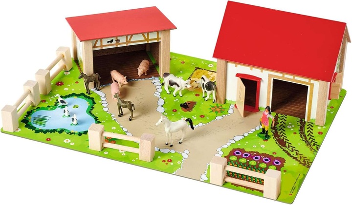 DUŻA DREWNIANA FARMA ZAGRODA + FIGURKI ZWIERZĄT KONIE ŚWINKI STAJNIA 25 EL.