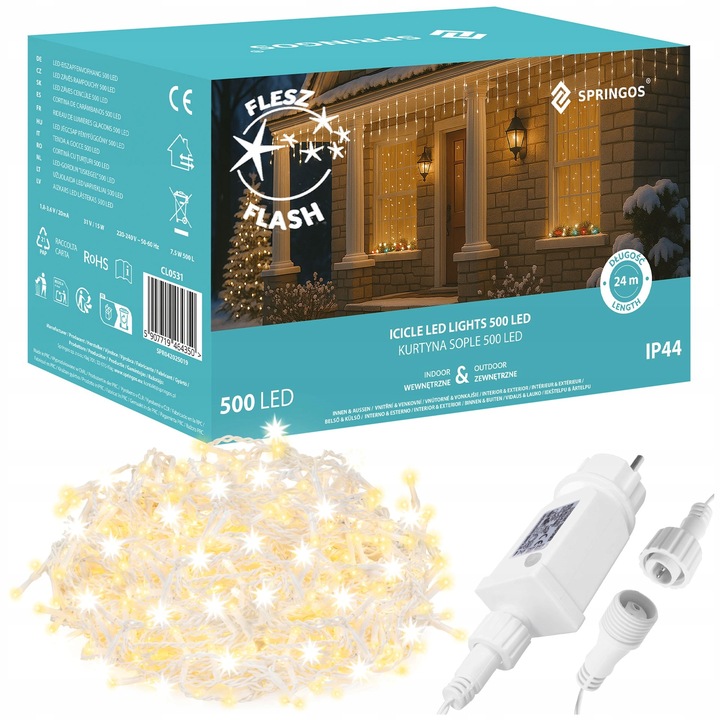 LAMPKI SOPLE CHOINKOWE 500LED TIMER KURTYNA ŚWIETLNA FLASH ZEWNĘTRZNY BIAŁY