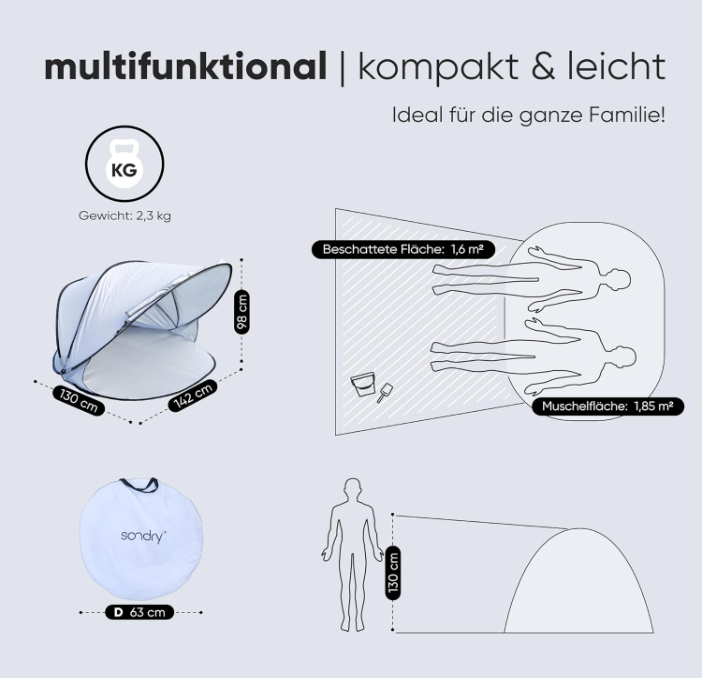 Sondry Namiot plażowy Pop Up dla 3-4 osób, z żaglem UV UPF 50+