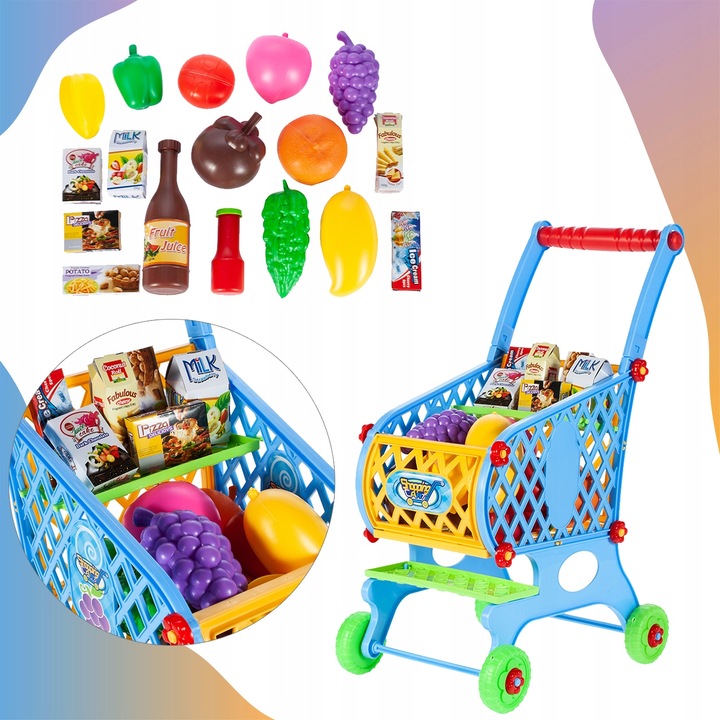 WÓZEK KOSZYK ZAKUPOWY MARKETOWY NA ZAKUPY Z PRODUKTAMI DLA DZIECI