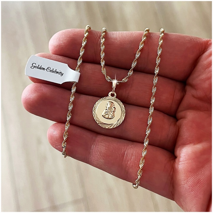 ZŁOTY ŁAŃCUSZEK NA KOMUNIĘ, CHRZEST, BIERZMOWANIE 18K MATKA BOSKA + GRAWER