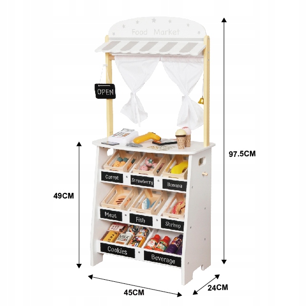 DREWNIANY STRAGAN TEATRZYK MINI MARKET SKLEP WARZYWNIAK Z AKCESORIAMI