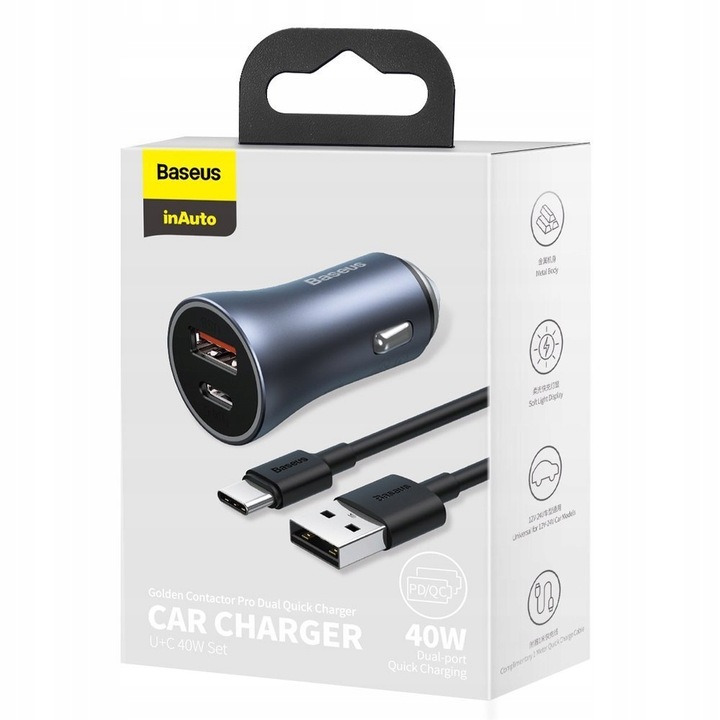 ŁADOWARKA SAMOCHODOWA BASEUS USB + USB-C PD QC 40W