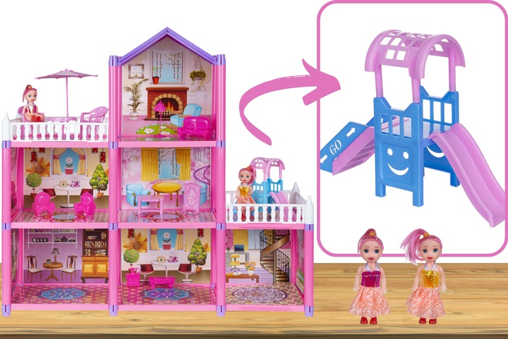 Domek dla Lalek 2 Laleczki 3 Piętra Mebelki Do Zestawu Dla Dzieci Akcesoria