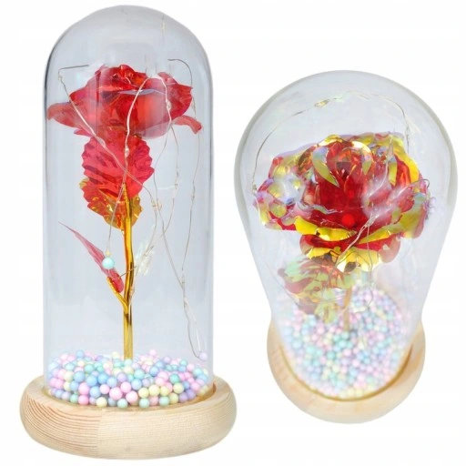 WIECZNA RÓŻA W SZKLE ŚWIECĄCA LED PREZENT PUDEŁKO NA WALENTYNKI DZIEŃ BABCI