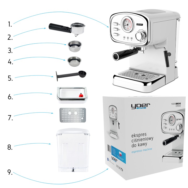 Kolbowy ekspres ciśnieniowy Yoer Breve 1100 W biały