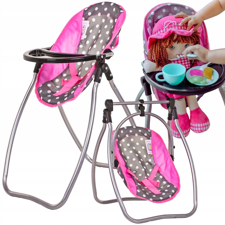 DUŻE KRZESEŁKO DO KARMIENIA lalek BUJAK HUŚTAWKA zestaw dla lalek 3w1
